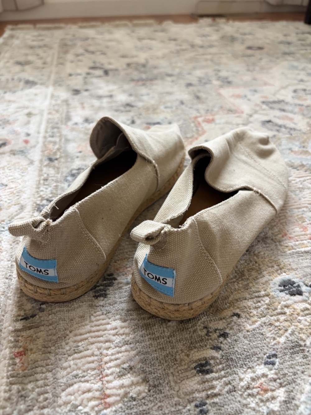 Toms Beige Canvas Espadrille Slip-Ons with Blue Logo Tab